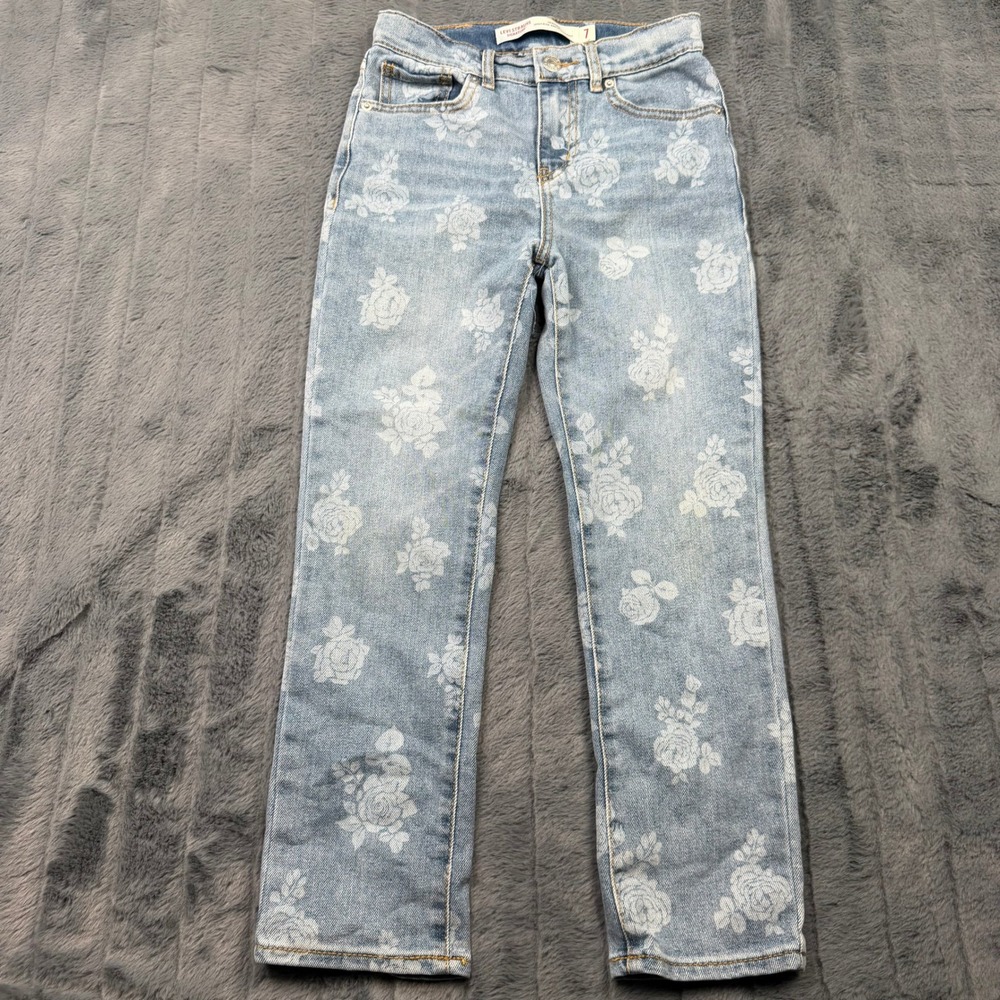 Levi Strauss Signature Girls Floral High Rise Ankle Straight Jeans Blue Size 7